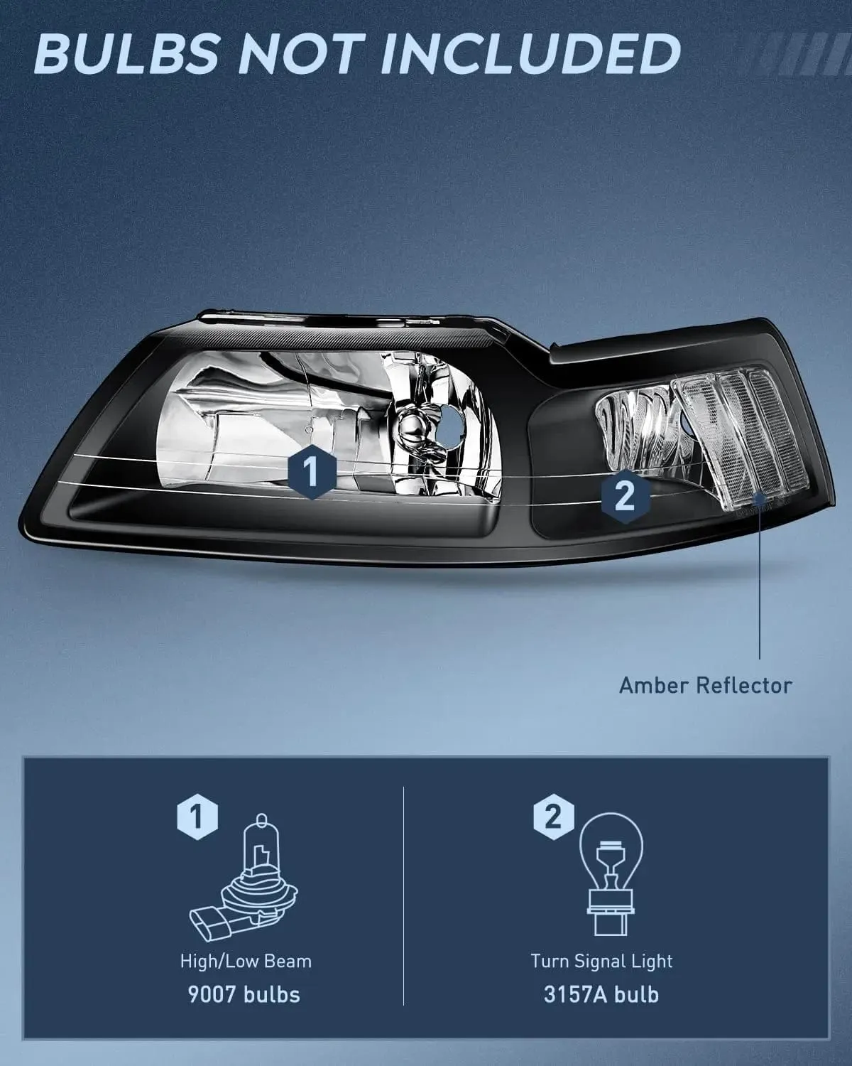 1999-2004 Ford Mustang Headlight Assembly Black Case Clear Reflector