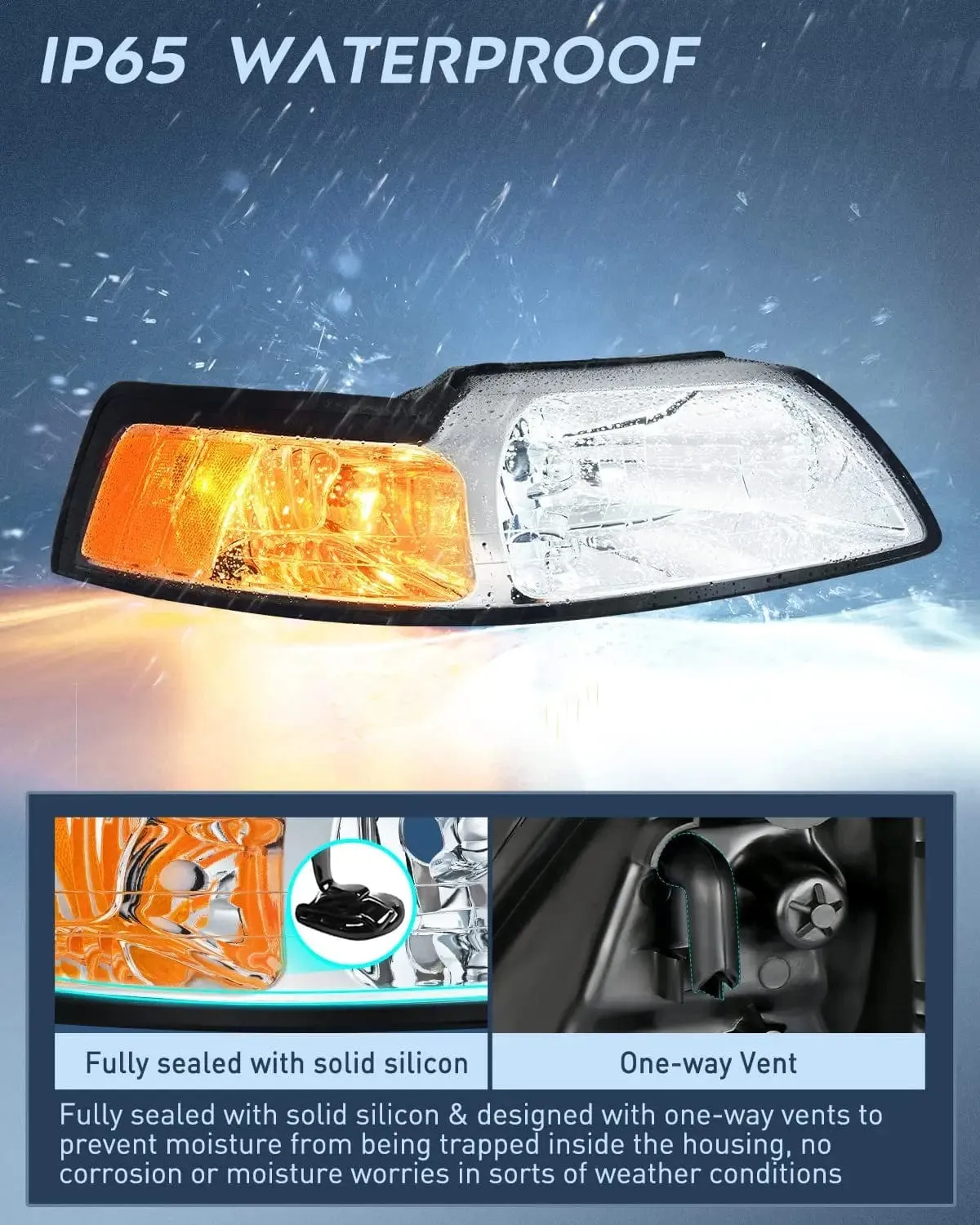 1999-2004 Ford Mustang Headlight Assembly Chrome Case Amber Reflector