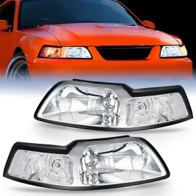 1999-2004 Ford Mustang Headlight Assembly Chrome Case Clear Reflector