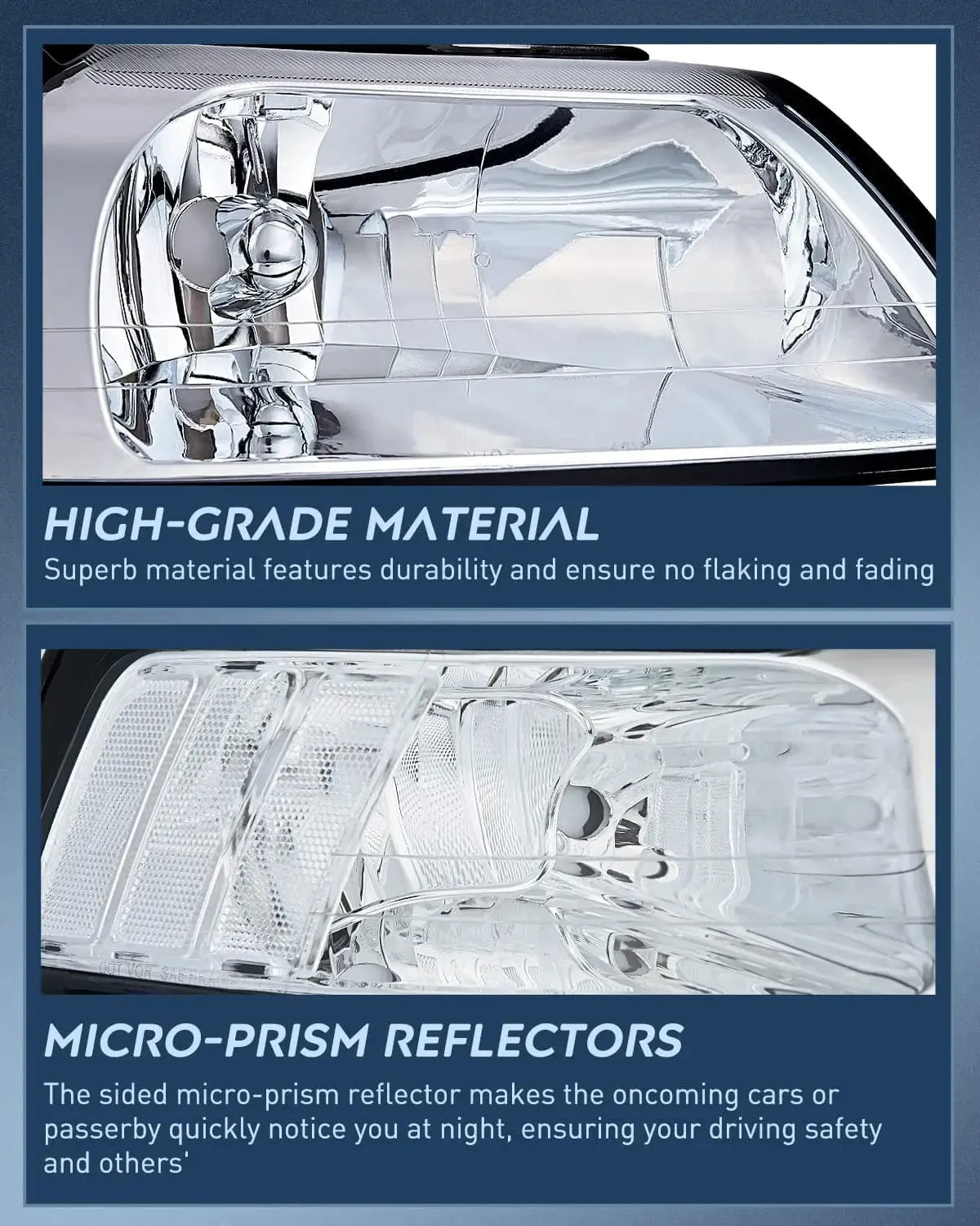 1999-2004 Ford Mustang Headlight Assembly Chrome Case Clear Reflector