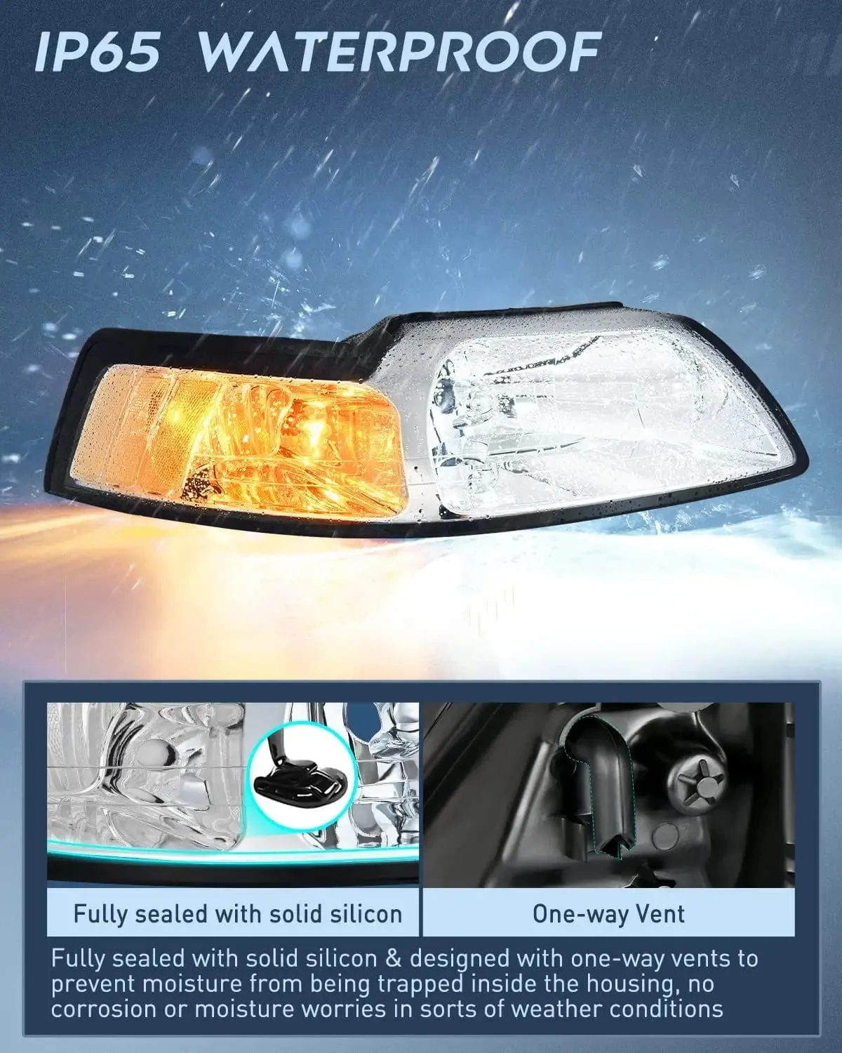 1999-2004 Ford Mustang Headlight Assembly Chrome Case Clear Reflector