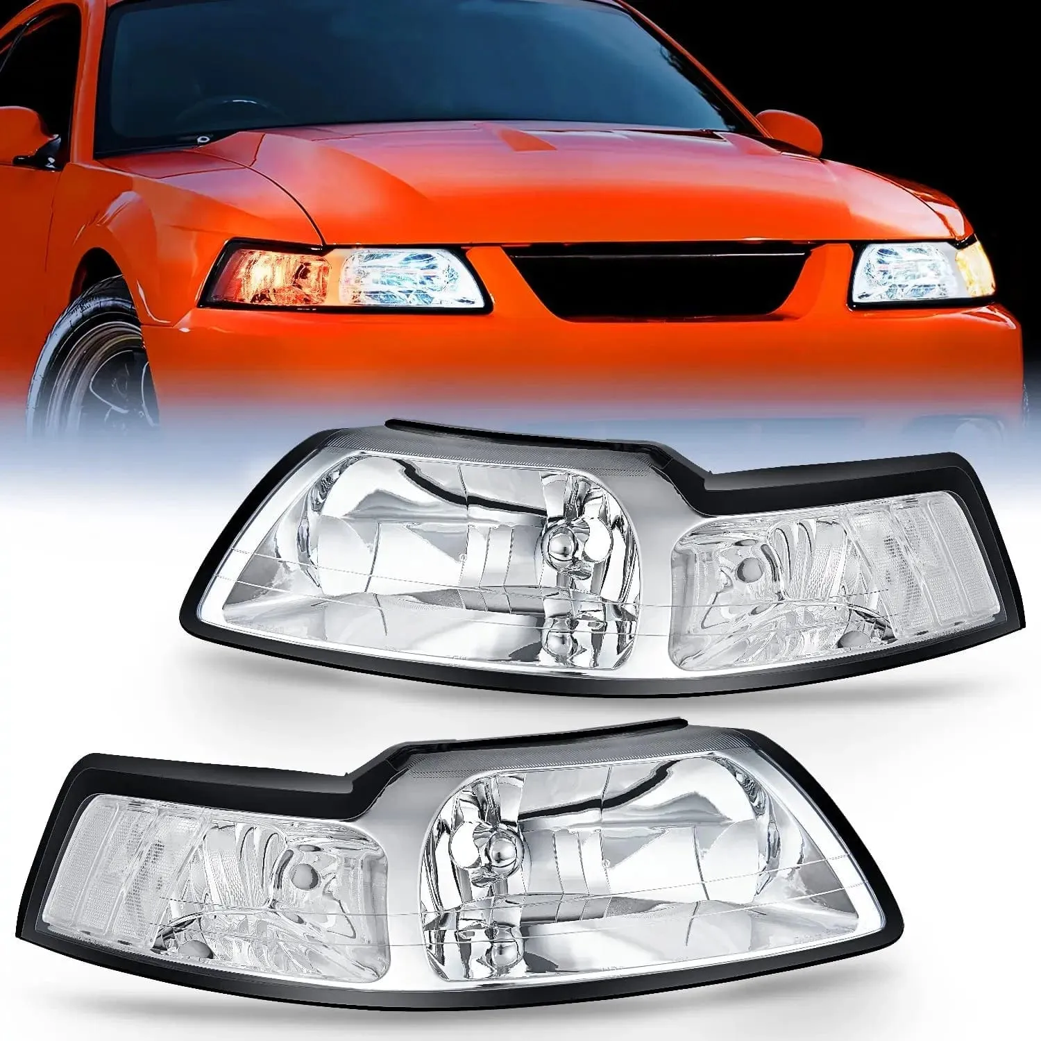 1999-2004 Ford Mustang Headlight Assembly Chrome Case Clear Reflector