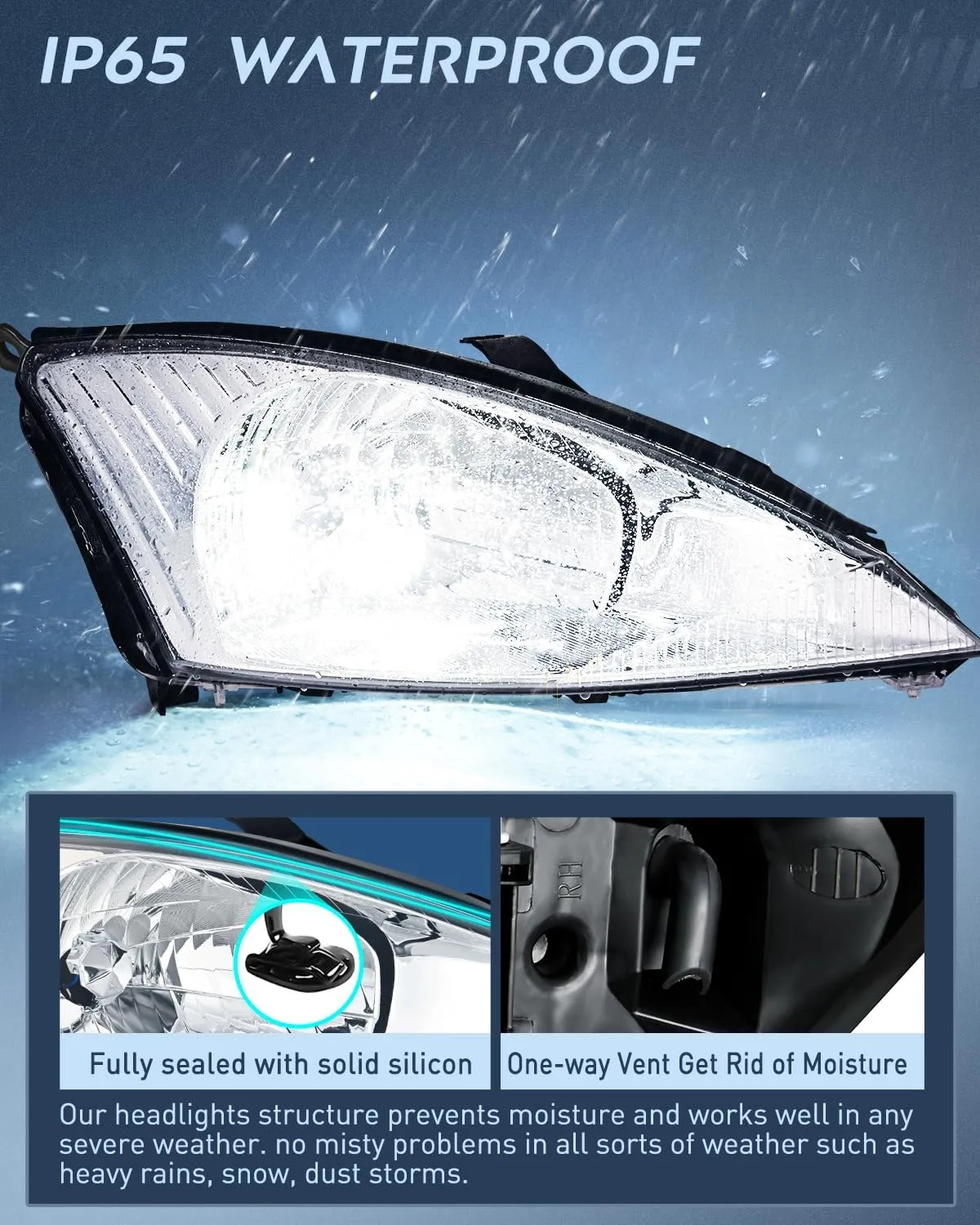 2000-2004 Ford Focus Headlight Assembly Chrome Housing Clear Reflector Upgraded Clear Lens
