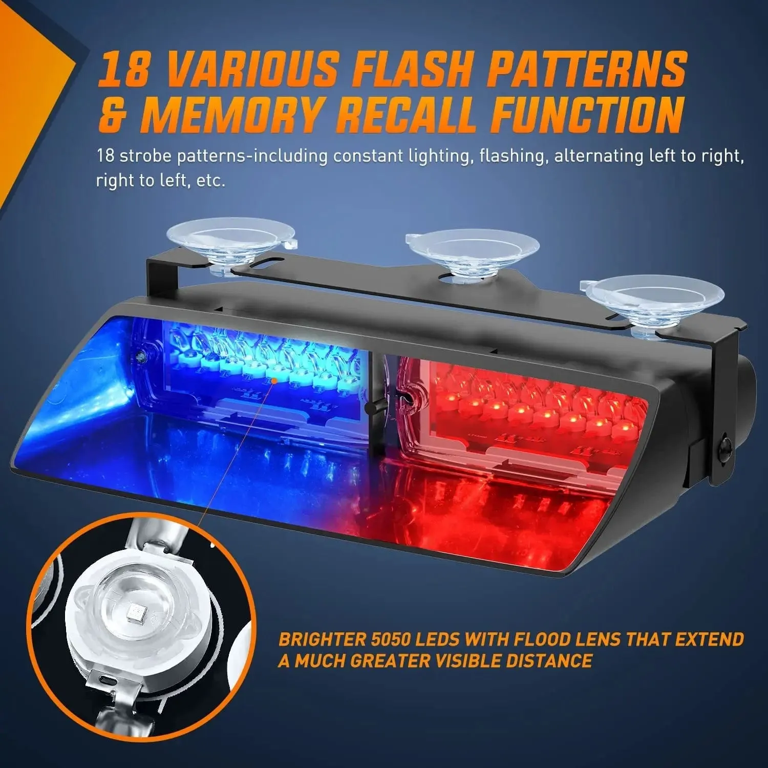 8 Inch 16 Leds Windshield Hazard Blue Red Strobe Light