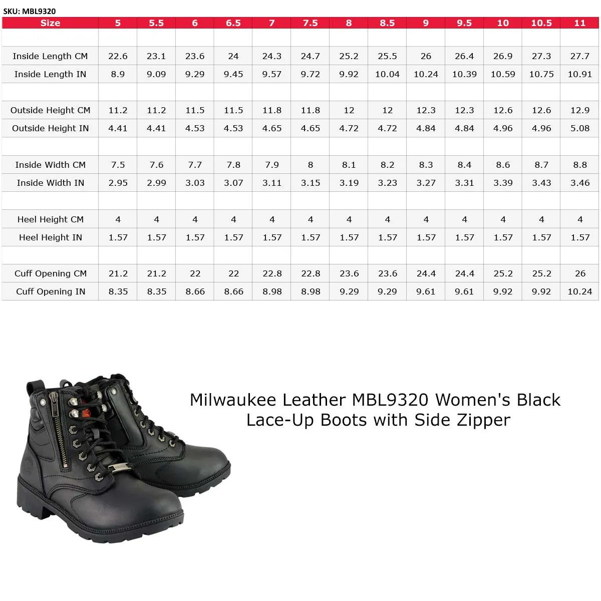 MBL9320 Women's Black Leather Lace-Up Moto Boots with Side Zipper